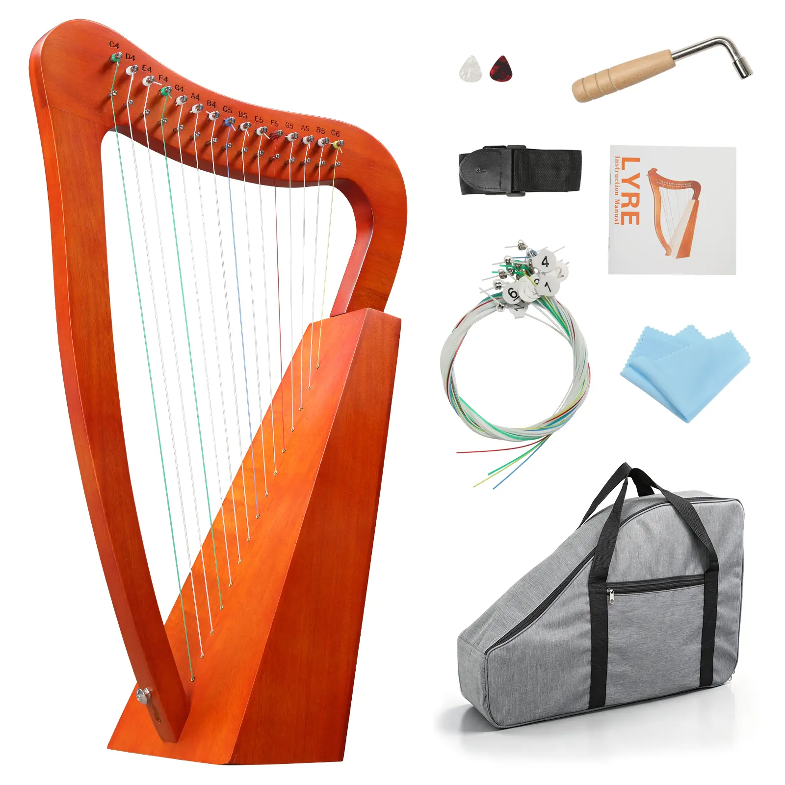 15-String Portable Solid Mahogany Harp with Padded Case, Extra Strings, Adjustment Wrench, Instruction Manual, Carrying Strap, Cleaning Cloth