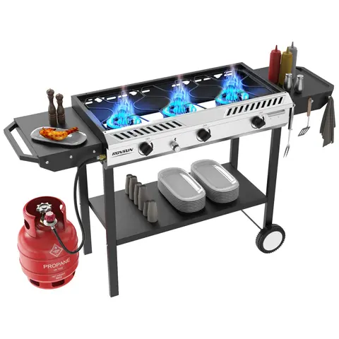 ROVSUN Freestanding Ergonomic Design Cast Iron Outdoor Propane Gas Stove - 2-3 Burners, Auto-Ignition, Regulator, Side Shelves, 150000-225000 BTU, Portable Stand Cooker for Patio, Beach Parties, Camping,techvibes
