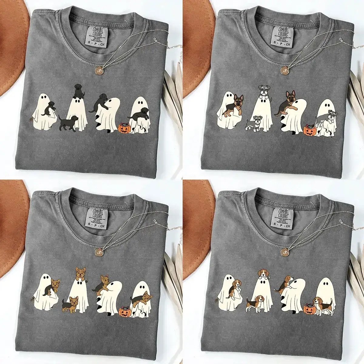 Custom Comfort Colors 30+ Dog Breeds Cute Halloween Ghost Dog Graphic Tee, Funny Ghost Dog T Shirt, Halloween Graphic Tee, Comfortable Menswear & Womenswear Top, Perfect Halloween Gift For Men And Women