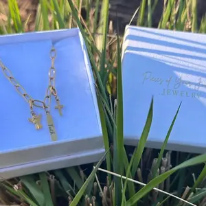 Faith Necklace - Gold Charm Necklace with Engraved Bar & 2 Meaningful Charms Cross & Angel 18k PVD Gold Waterproof Hypoallergenic Interchangeable Charm System