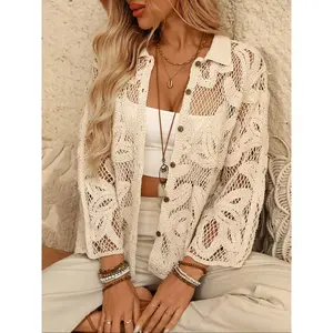 Women's Boho Hollow Out Jacket, Long Sleeves, Knit Lace Fabric, Fitted Style, All Seasons Wear, Moderate Fabric Thickness, Stylish Women's Outerwear