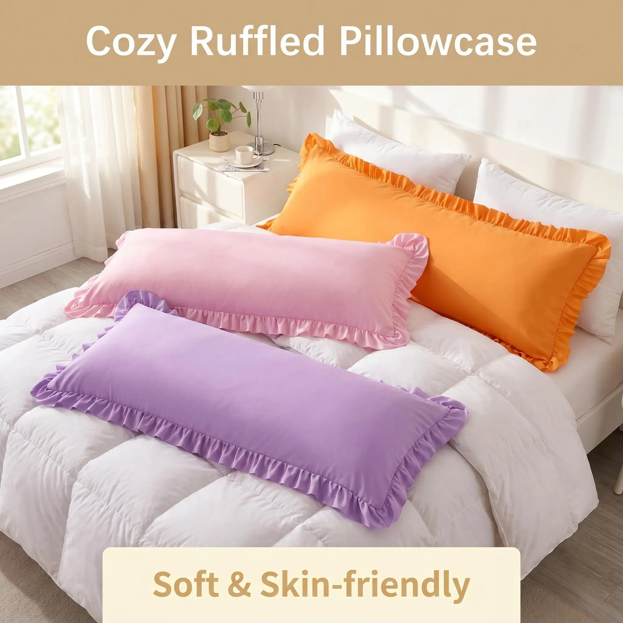 Bedsum 20"x54" Ruffled Body Pillowcase Only, Soft Brushed Microfiber Envelope Closure Long Body Pillow Cover, Elegant Stylish Skin-Friendly Decorative Pillow Cover for Bedroom Living Room