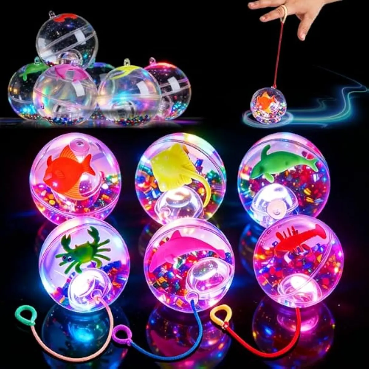 6 Pcs Light up Bouncy Balls, 2.4" LED Bouncy Balls with Random Mini Sea Animals, Bounce Toys for Kids Party Favors Birthdays Gifts Goodie Bags Stuffers Carnival Prizes