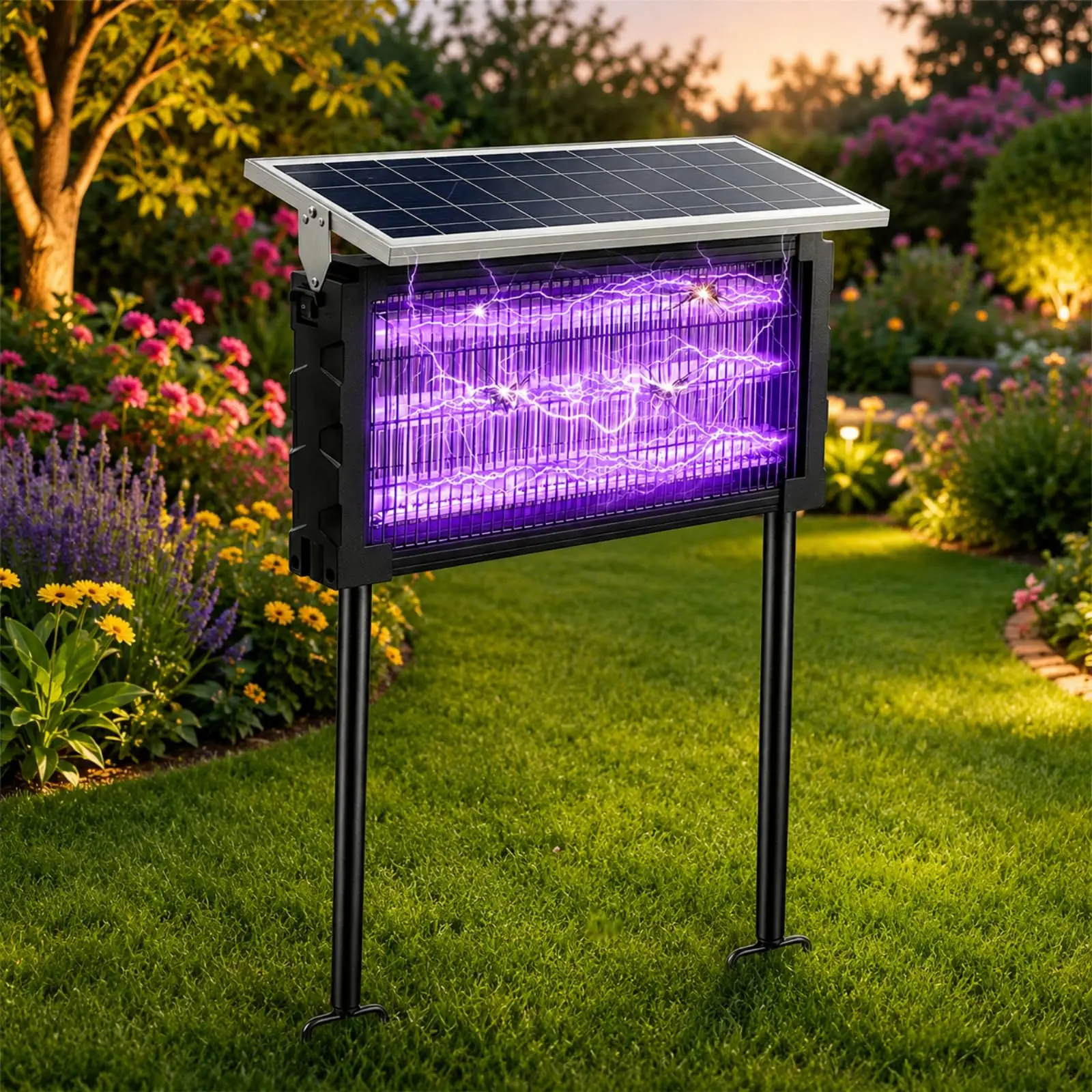 Solar powered outdoor high-efficiency - electric shock mosquito killer lamp, 3-channel high-power, IPX4 waterproof ultraviolet lamp, solar/USB charging, ultra large capacity battery, suitable for summer parks, gardens, courtyards, and outdoor camping