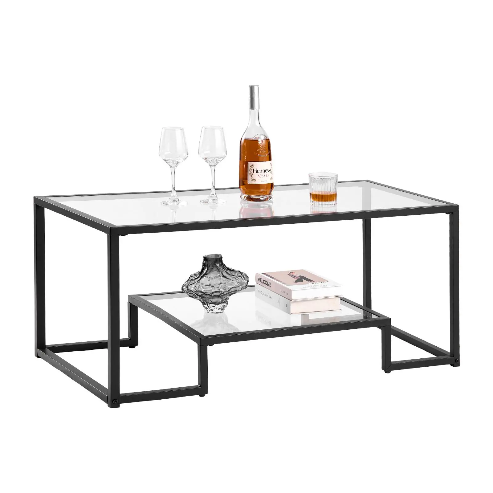 VEVOR Modern Tempered Glass Coffee Table - 2-Tier Rectangle Industrial Center Desk with Open Storage, Sturdy Metal Frame, Antislip EVA Pad Stays Put, Minimalist Accent Side Table for Living Room, Patio