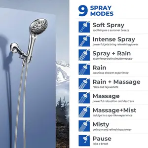 Shower Head with Handheld 9 Spray Modes High Pressure Shower Heads with Handheld Spray Combo 59'' Hose & Bracket, Chrome Look for Bathroom