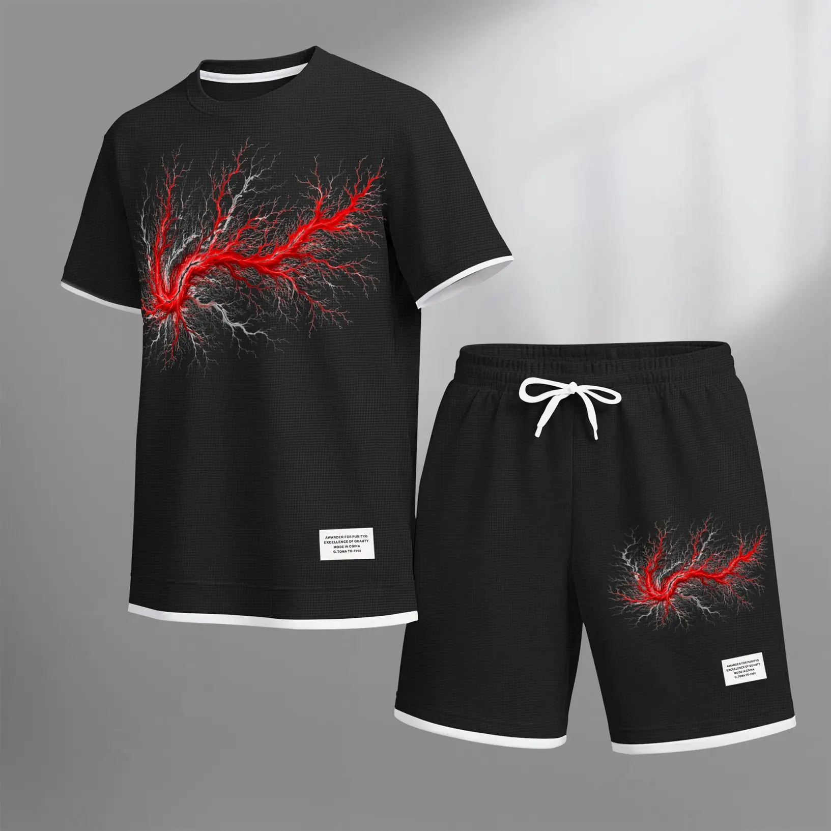 Men’s Casual Two-Piece Outfit with Red Lightning Graphic Design, Short Sleeve T-Shirt and Matching Shorts, Trendy Streetwear Style, Lightweight Comfort, Relaxed Fit, Perfect for Summer Daily Wear, Travel, and City Looks