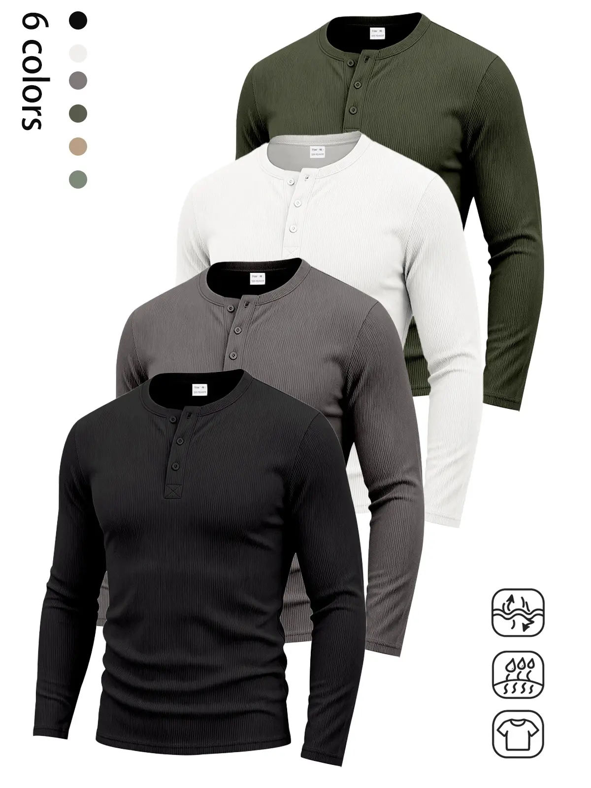 Men’s Henley Long Sleeve Shirt, Ribbed Button Placket T Shirt, Relaxed Fit Breathable Casual Top for Office Work, Commute, Weekend and Everyday Wear