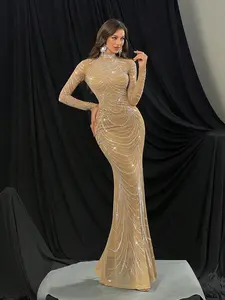 Elegant Apricot Mermaid Evening Gown High Neck Sheer Sleeve Hotfix Rhinestone Formal Dress for Women's Wear Perfect for Galas Weddings
