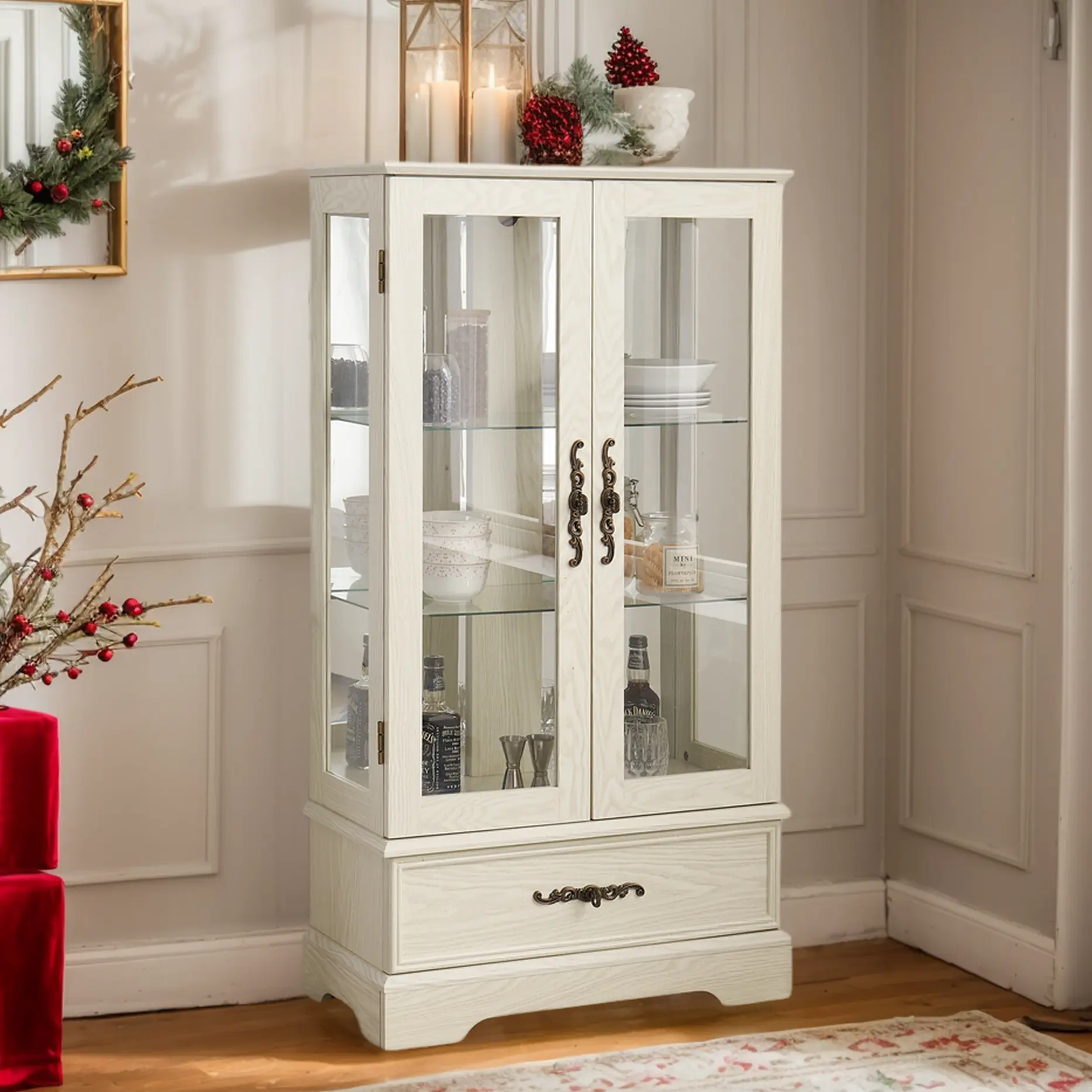 Eyisean 47" Curio Cabinet, Vintage Glass Display Cabinet with 3-Tier Adjustable Glass Shelves, Acrylic Mirrored Back Pane, Light Blub Included, Elegant Design China Cabinet for Living Room, Study Room, Kitchen