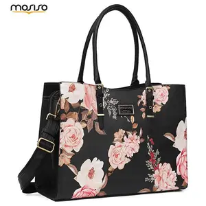 MOSISO Women's Peony Floral Laptop Tote Bag, 15.6-17.3 in Waterproof PU Leather Work Bag for Women with Adjustable Handle, Shockproof Compartment, Large Capacity for Business Office Travel, Tote Bags, Work Bags For Women