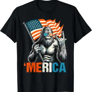classic Streetwear cotton graphic fashion round neck Shortsleeve men tee Bigfoot Merica Rock American Flag Patriotic 4th Of July T-Shirt
