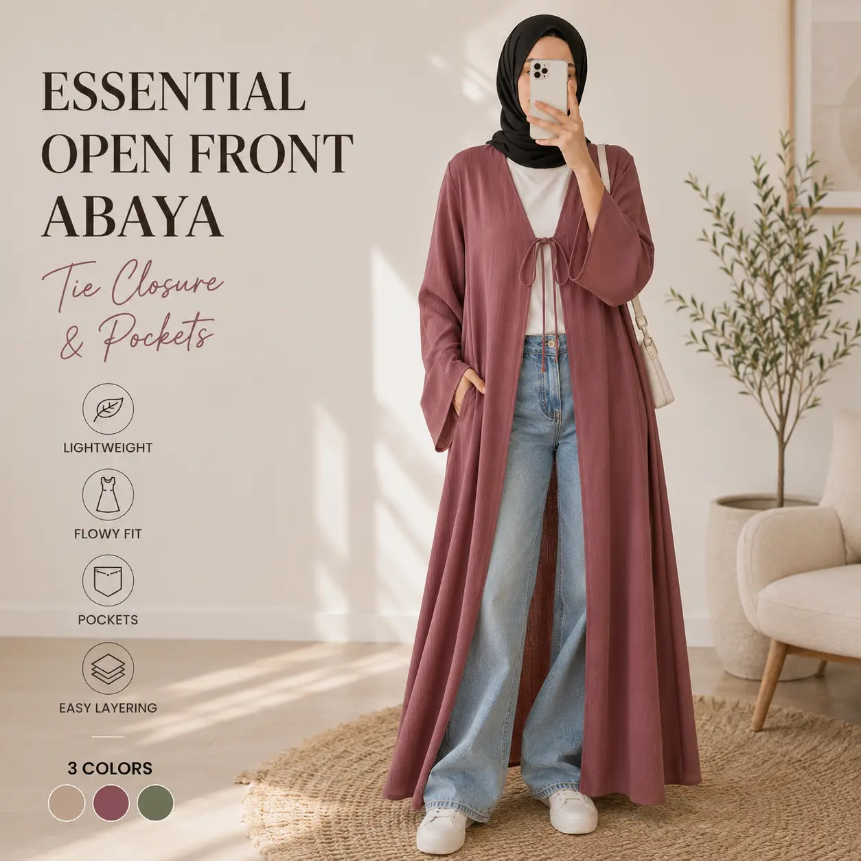 Women's Open Abaya Cardigan - Modesty Muslim Clothing with Versatile Open-Front Design, Tie-Front Long Sleeves, Pockets, Solid Color Relaxed Loose Layering Robe Caftan (MOA309)