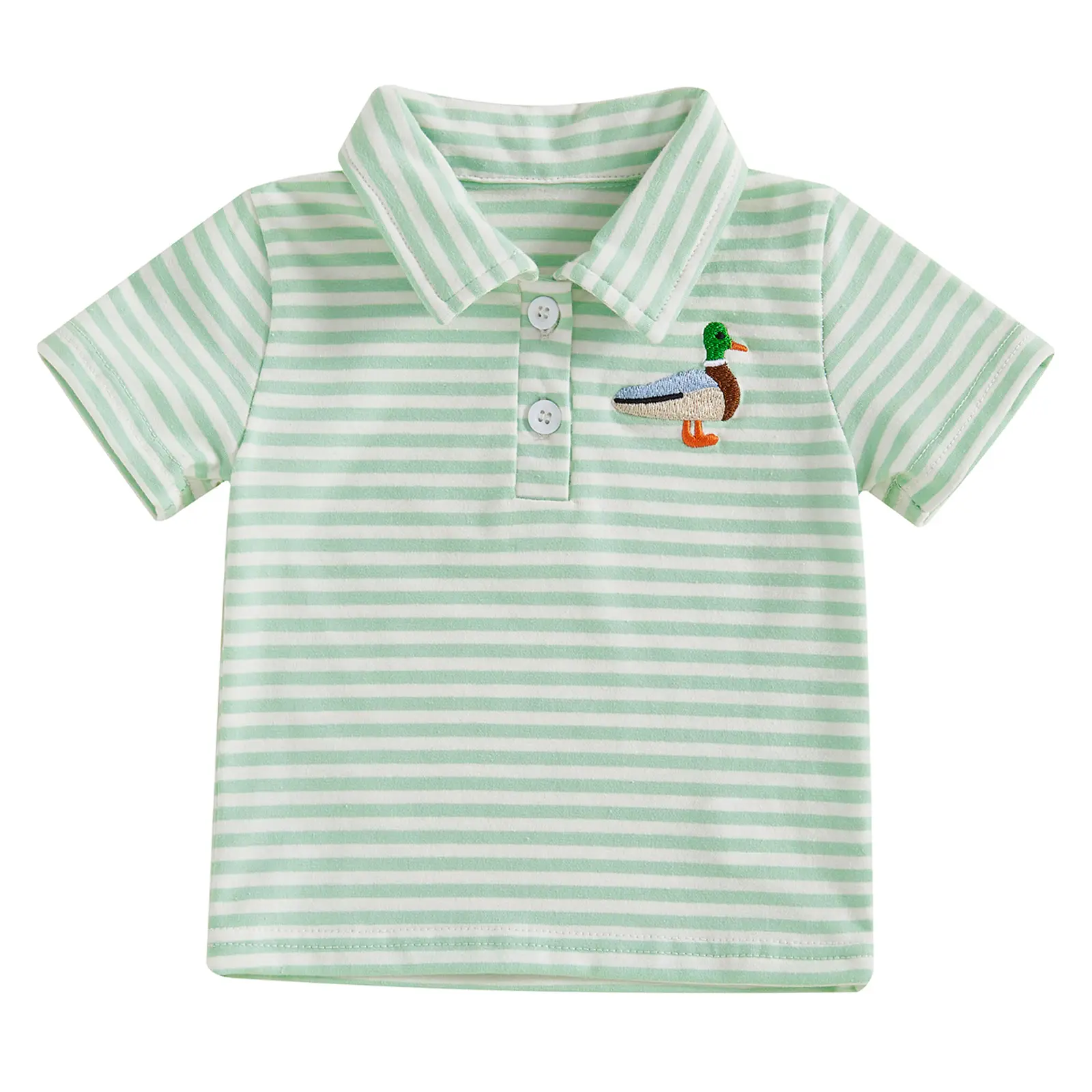 Toddler Boy Mallard Duck Embroidery Polo T Shirt Striped Short Sleeve Lapel Collar Button Down Shirt Tops Hunting Baby Summer Clothes