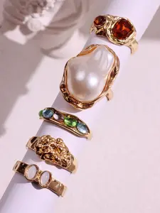 5-piece refined, fashionable, unique, luxurious, elegant geometric faux pearl ring set for women—ideal jewelry gift for holidays