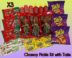 Family Three Pack Chamoy Pickle Kits with Takis, Lucas Powder, Liquid Lucas, Salsaghetti Skwinkles, Gushers and Fruit Rolls Ups Snacks Snack Gift
