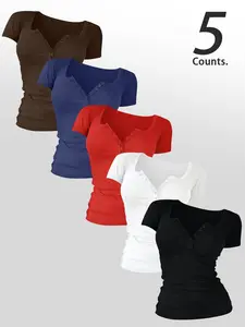 Women's Solid Color Plain Buttons 5 Pieces  V Neck Tee Top, Casual Minimalist Women's Short-Sleeve T-shirt For Summer, Ladies Basic Clothes for Daily Wear, TikTok Trending T-shirt Women