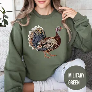 Faux Rhinestone Turkey Sweatshirt – Sparkly Wild Turkey Fall Pullover, Cute Thanksgiving Crewneck for Women & Men