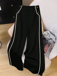 Women's Plus Size Pants High Waist Straight Leg Trousers Contrast Piping Button Decor Flowy Elegant Office Workwear Corporate Core Casual Spring Fit