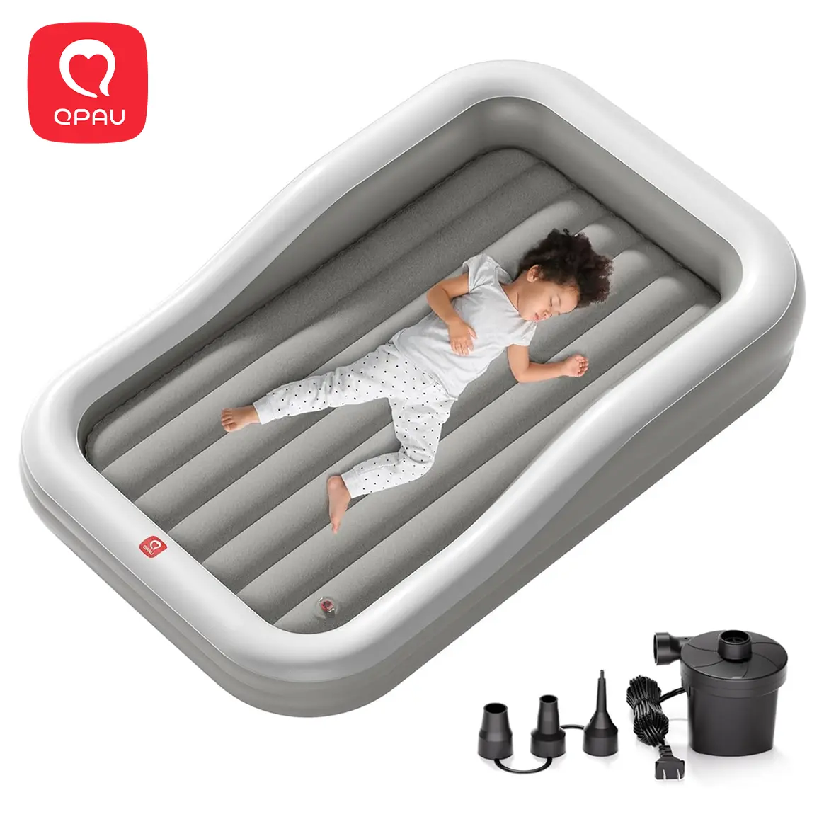 QPAU Inflatable Toddler Travel Bed with 3-Sided Safety Bumpers Extra Large Kids Air Mattress Includes Fast Electric Pump & Detachable Mattress Portable for Camping Travel Home Use Grey homeessentials, back to school