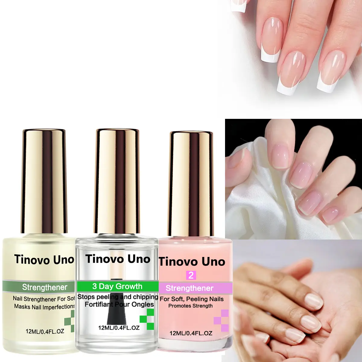 Tinovo Uno 3-Piece Multi-Pack Strengthener Kit - Liquid Treatment for Adults with 3-Day Growth Formula, Reduces Peeling & Protects Delicate Nails for Manicure, Nail, Nail Growth Oil, Natural Nails