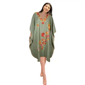 Women Gray Midi Kimono Caftan Dresses Cotton Embroidered Leisure Wear  L-2X