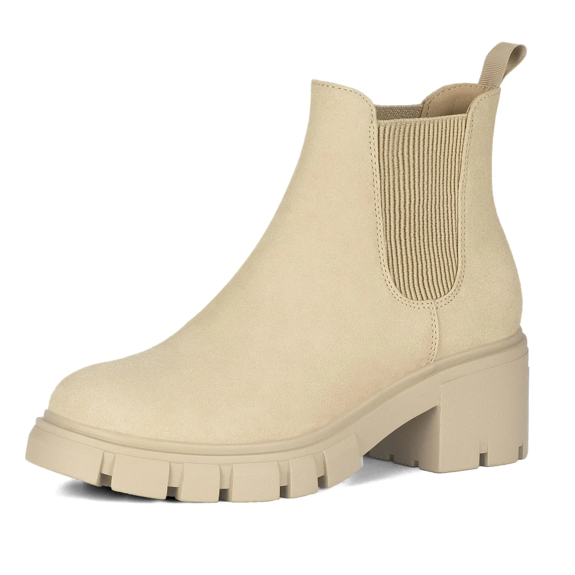 Women's Suede Chelsea Boots - Slip-On Ankle Walking Shoes with 2.3-Inch Chunky Comfortable Heels, Leather/Rubber Lug Sole Platform, Casual Outdoor Boot for Parties