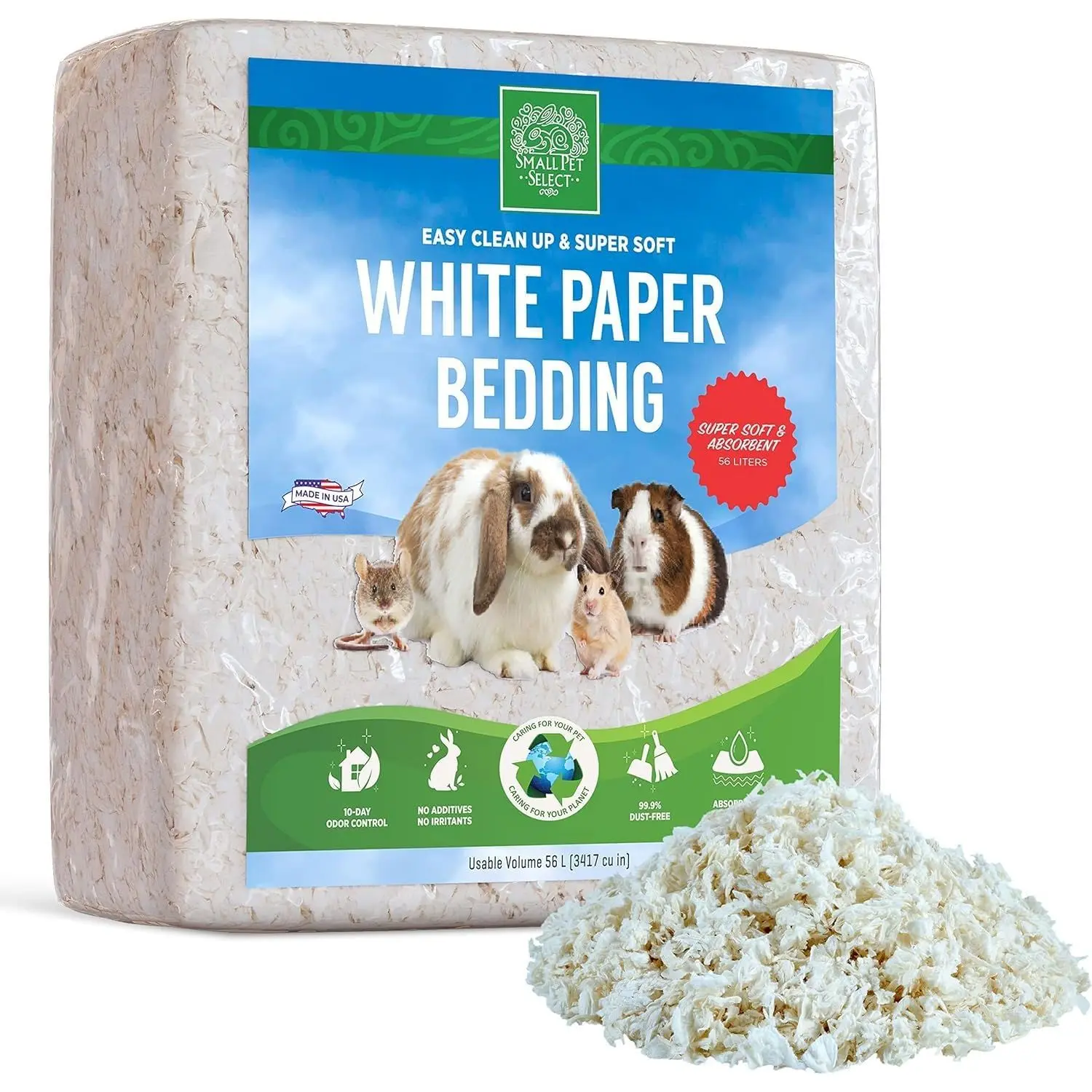 Small Animal Soft Unbleached White Paper Bedding - 56L 99% Dust-Free Odor Control Spot-Clean Bedding for Rabbits, Hamsters