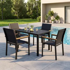 TLGREEN 5-Piece Patio Dining Set, Outdoor Dining Table with 4 Padded Stackable Chairs, Aluminum Frame, WPC Tabletop, Padded Textilene Seats, Weather Resistant Patio Furniture for Balcony, Porch, Poolside