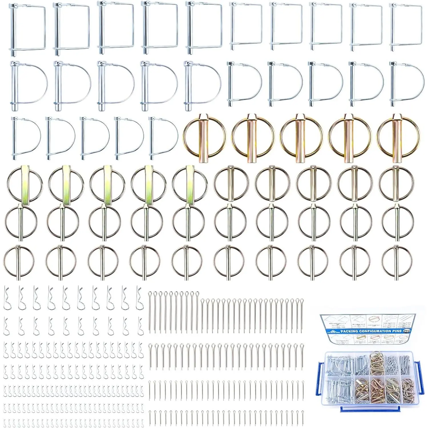 360 count Heavy Duty Pin Assortment Kit - Hitch Pins R Clip PIns - Hair Pins- Lynch Pins - PTO Pins for    Mowers 3 Point Accessories,Farm,Lawn,Hitches and Garden