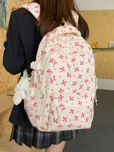 1pc Backpack, Zipper backpack, large capacity women's backpack, bow print pendant, casual and cute, suitable for students to go to school, travel, commuting, Multifunction Backpack, Travel Backpacks, Cute Daypacks