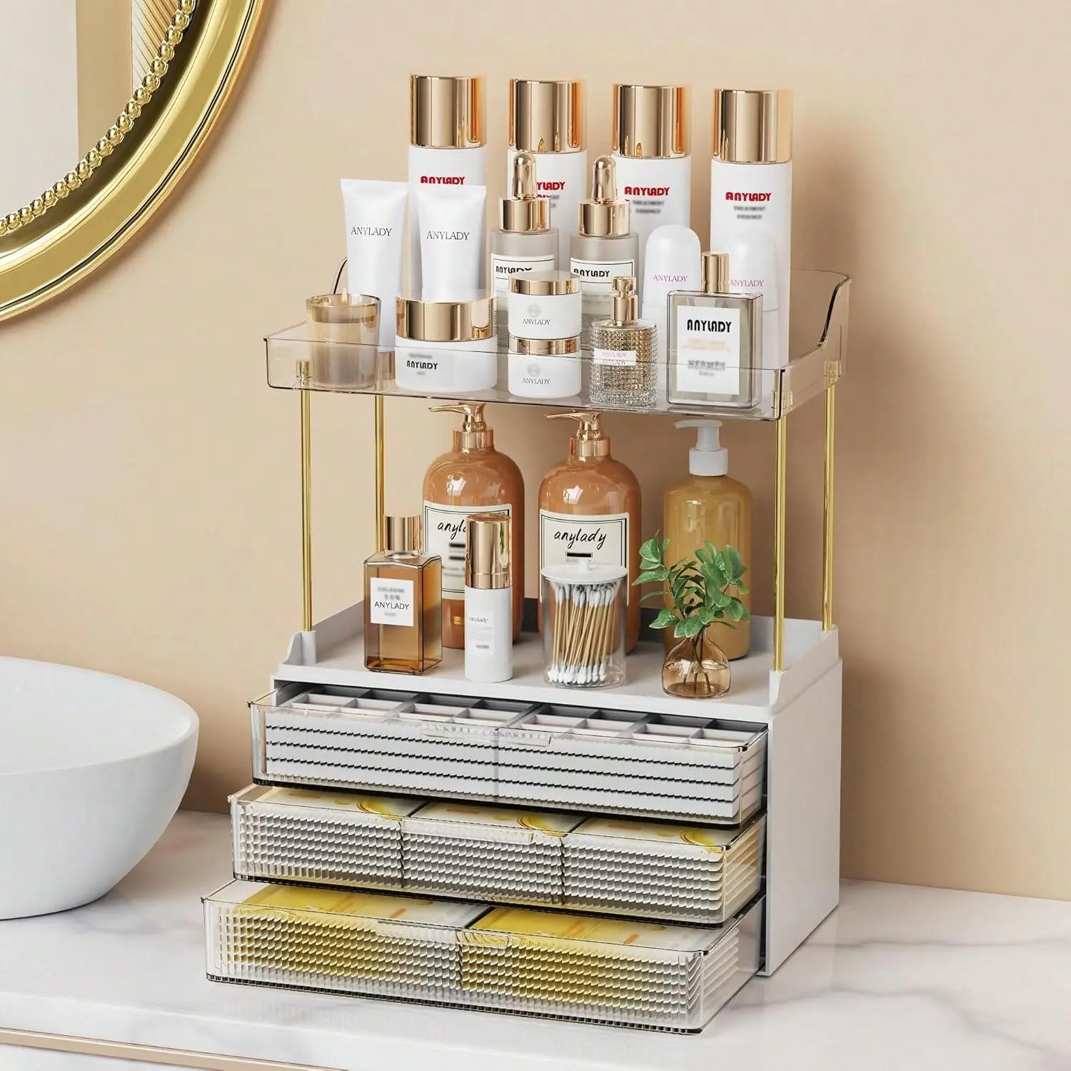 summerwins Sturdy Heavy-Duty Modern Steel Bathroom Makeup Organizer - Dustproof Split or Stack Compartment Countertop Storage for Beauty Products, Gold Drawer Insert, Ideal Home Storage Organization Gift