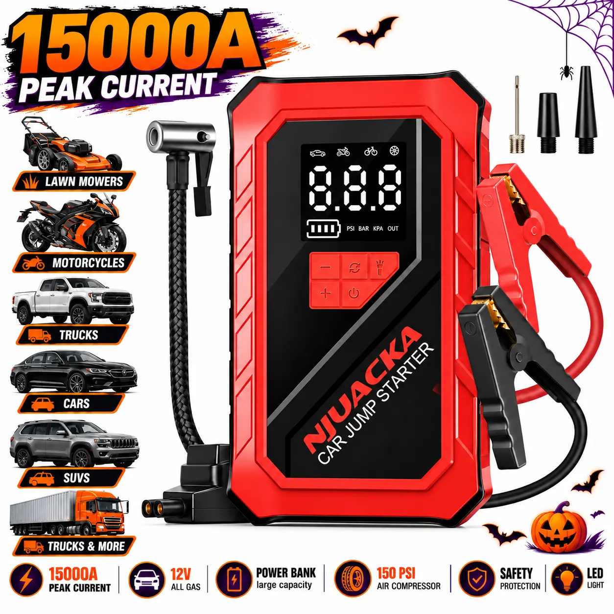 15000A Peak Jump + Inflate + Light Car Battery Booster Kit, 150PSI Air Compressor, 400LM LED Emergency Light, USB-C Power Bank, 12V Portable Roadside Tool for Cars/SUVs/Trucks