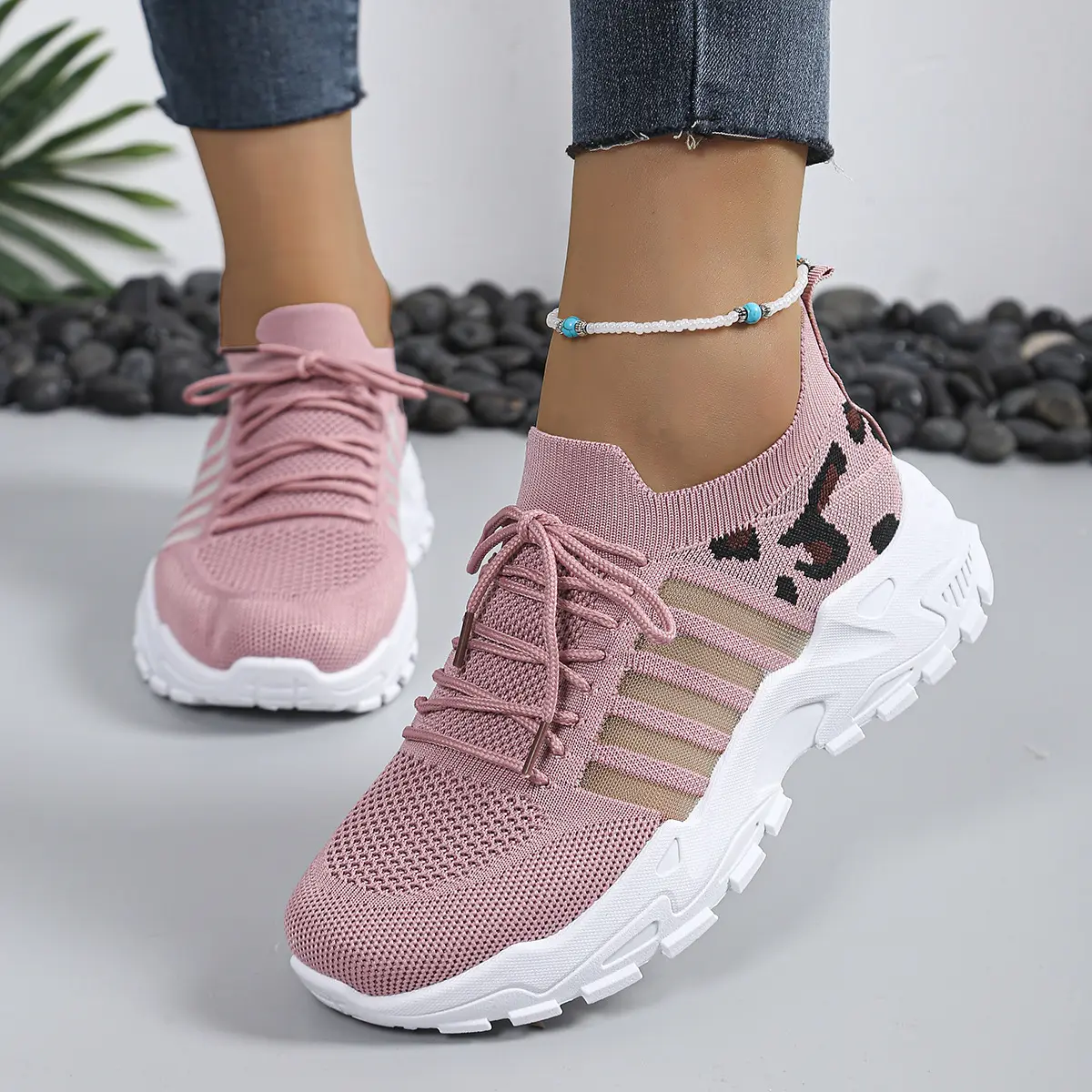 Women's Sneakers, Leopard Print Chunky Platform High Tops, Breathable Stretch Knit Sock Shoes with Height Increasing Thick Sole for Daily Wear, Thick Sole Sneakers, Chunky Athletic Shoes, Height Boosters, Fabric, All Seasons, Animal Inspired Casual Traine