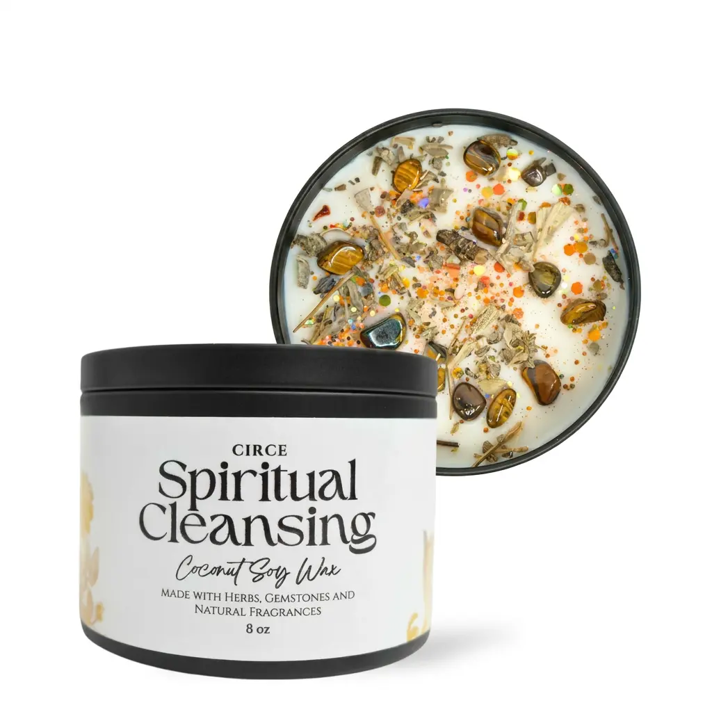 Circe Boutique Spiritual Cleansing fragrance, scented candle for spirtuality ritual with crystals Crushed Sage & Tiger's Eye 8 oz Spell scented gems candle, mother gift refillable