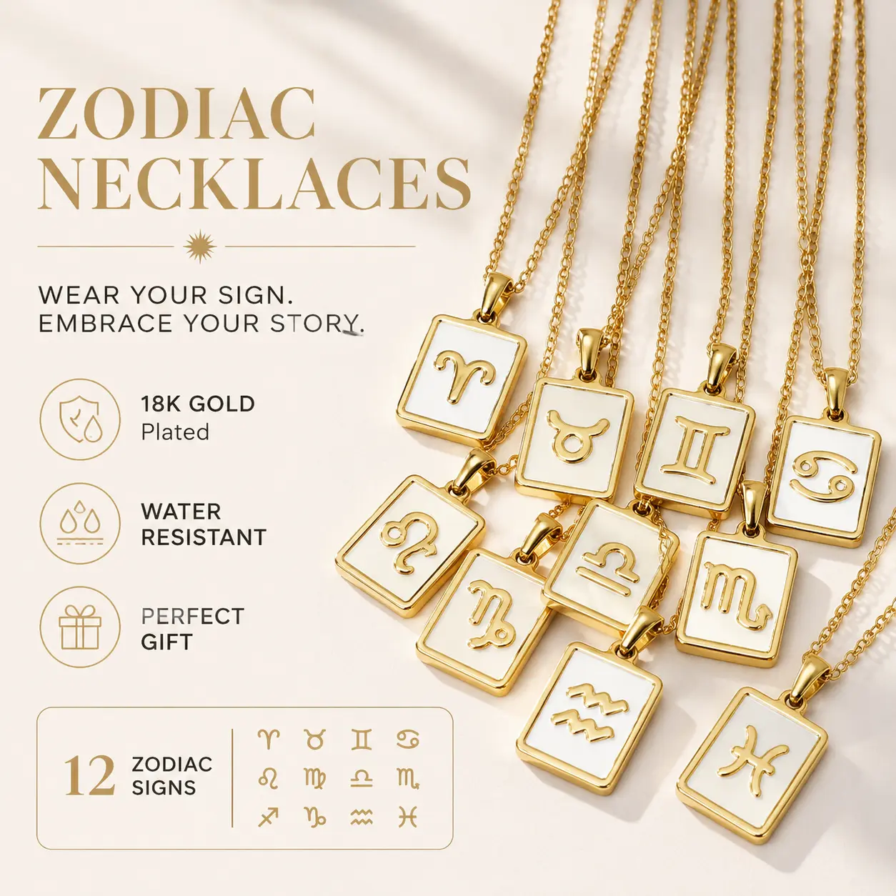 Trending Gold Zodiac Necklace | 18K Plated Enamel Constellation Pendant, Waterproof Astrology Jewelry, TikTok Viral Personalized Sign Necklace