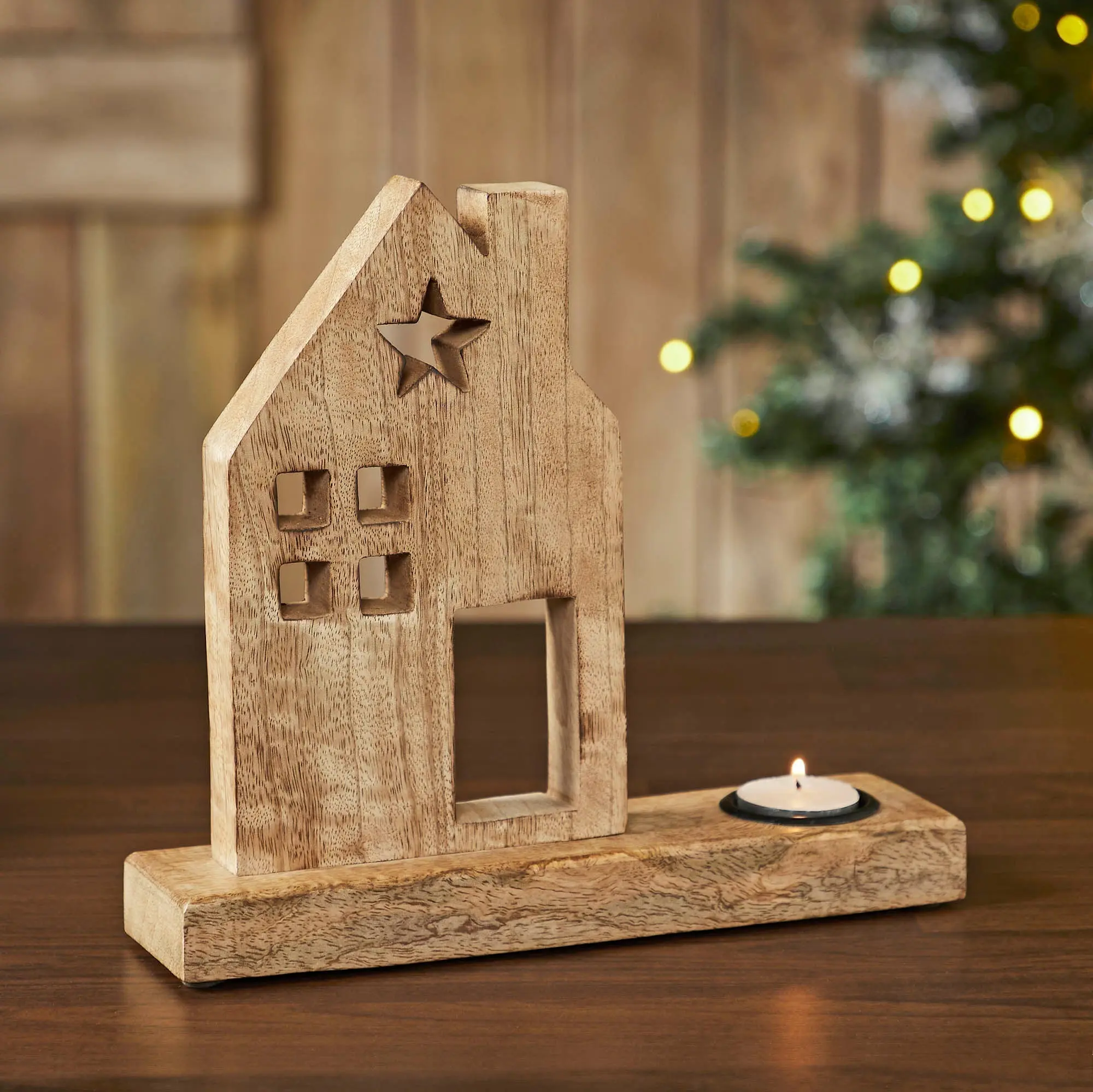 Wooden Saltbox House Tealight Holder - Tropical Rustic Candle Stand with Star Accent, Natural Home Decor for Kitchen