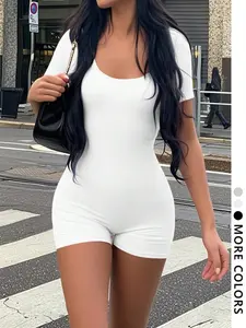 Y2K Women's Bodycon Jumpsuit with Shorts, Prevents Exposure for Outings, Dates and Light Sports, Plain Style for Daily Wear, Workout Jumpsuit