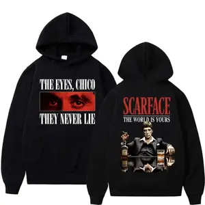 Graphic Hoodie👕 Tony Montana Scarface Vintage Style Hoodie, The World Is Yours Print, Men's Hip Hop Harajuku Oversized Fleece Pullover, Streetwear Fashion for Men & Women, Retro Movie Inspired, Viral TikTok USA