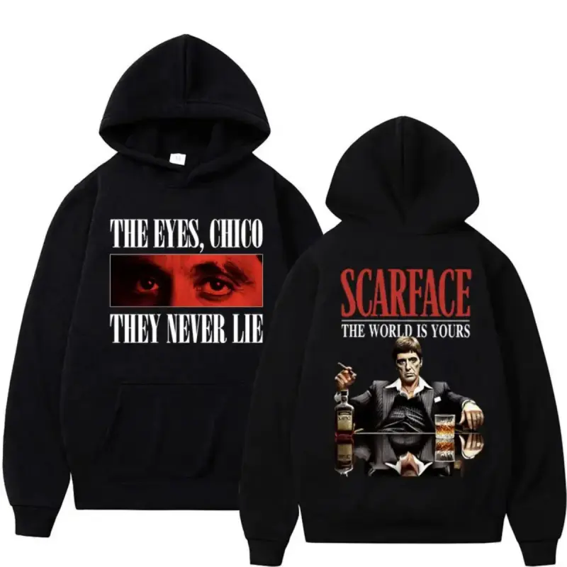 Graphic Hoodie Tony Montana Scarface Vintage Style Hoodie, The World Is Yours Print, Men's Hip Hop Harajuku Oversized Fleece Pullover, Streetwear Fashion for Men & Women, Retro Movie Inspired, Viral TikTok USA Unisex hoodie