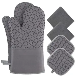 6Pcs Oven Mitts and Pot Holders Kit, Kitchen Oven Glove High Heat Resistant 500 Degree Extra Long Oven Mitts and Potholder with Non-Slip Silicone Surface for Cooking (Grey)