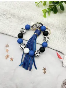 Women Leopard Print Wooden Bead Keychain For Bags Charm Bracelet, Silicone Beaded Fringe Pendant, Phone Accessory, Bag Decoration Gift