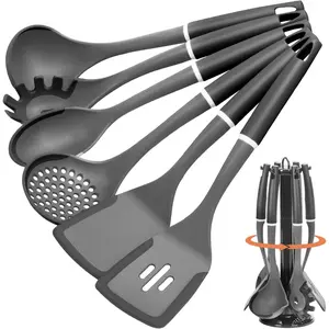 Kitchen Cooking Utensils Set, Non-Stick Spatula Set with Rotating Stand, 6 PCS Silicone Utensils Set for Cooking, 400°F Heat Resistant, Kitchen Gadgets with Nylon Handle & Stable Holder, Grey Black