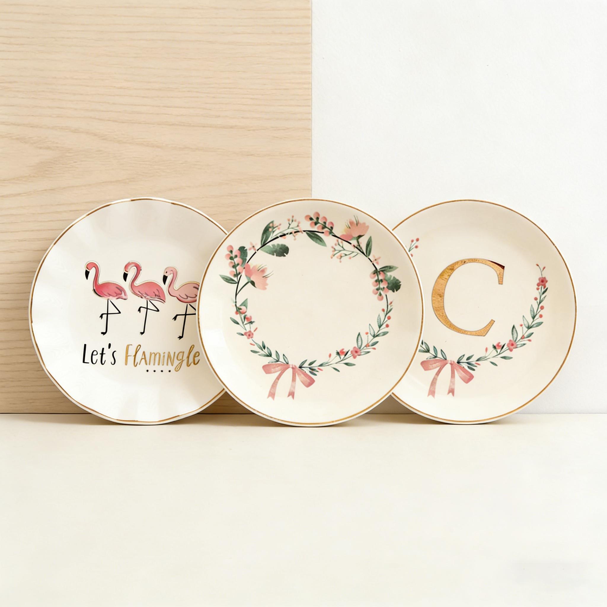 BOOVO HOME Ceramic Jewelry Tray, 6.3" x 5.9" Decorative Trinket Dish with Letter, White Surface, Small Organizer for Rings Earrings Necklaces Bracelets Watches Keys, Birthday Mother's Day Christmas Gift for Women