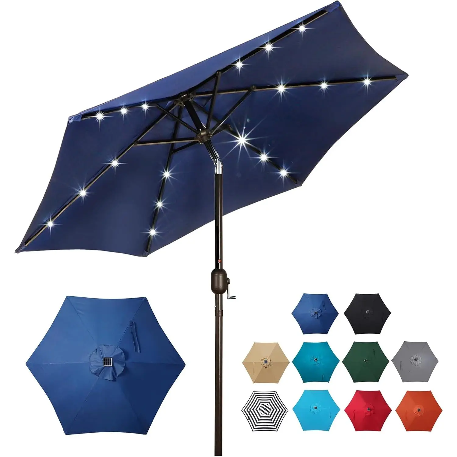 Garvee 9-Ft Polyester Solar-Powered Patio Sunshade Umbrella, 18 LED Illumination, 6 Powder-Coated Iron Ribs, Crank Mechanism, Air Vent, UV Protection for Patio Dining Table, Large Patio Umbrella Parasols, Canopies & Shade, Solar Powered Cooling Parasols,