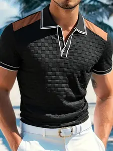 Men's Spring New Fashion Checkered Polo Shirt, Colorblock Design, Daily Commute Wear, 100% Polyester Fiber, Durable Fabric