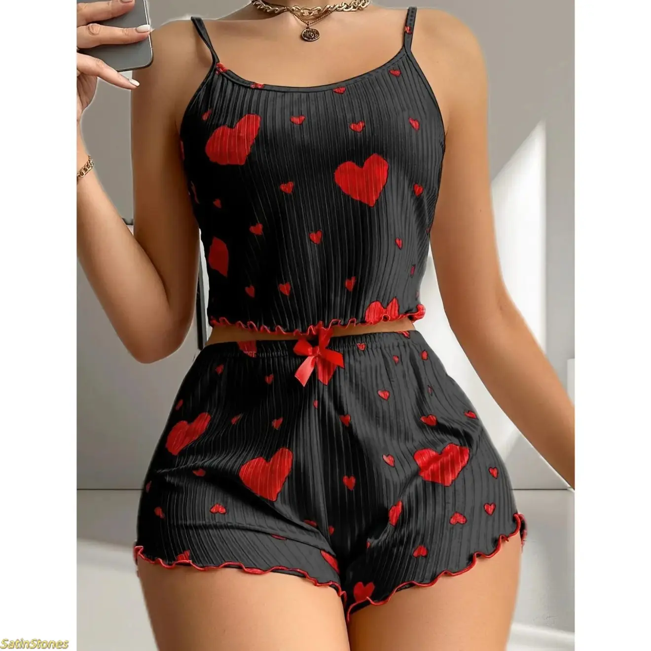 Women's 2-Piece Spaghetti Strap Pajamas Set - 2026 New Summer Sleeveless Camisole & Heart Print Shorts, Youthful Nightwear Loungewear for 2 Piece Sets Women backtoschool