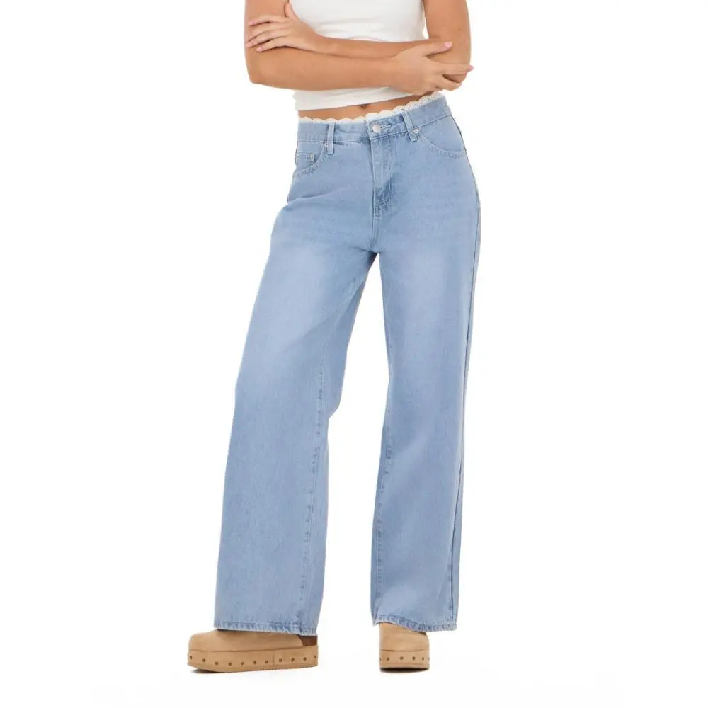 Forever 21 Women's Wide-Leg Denim Jeans with Lace-Trimmed Waistband, Bottoms, Lace Trim, Denim Fabric, Casual Wear, Full Length, Waistband Detail