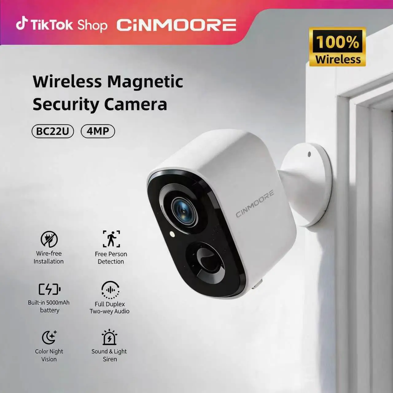 CINMOORE Outdoor/Indoor Magnetic wireless Camera 2.5K，Easy-install 2.4G WiFi Smart Garage Security Camera – HD Video, Full-color Night Vision, Motion Detection, Two-Way Audio, Smartphone Control Lens, Local Installation Card,  Monitoring, Speaker, Remote