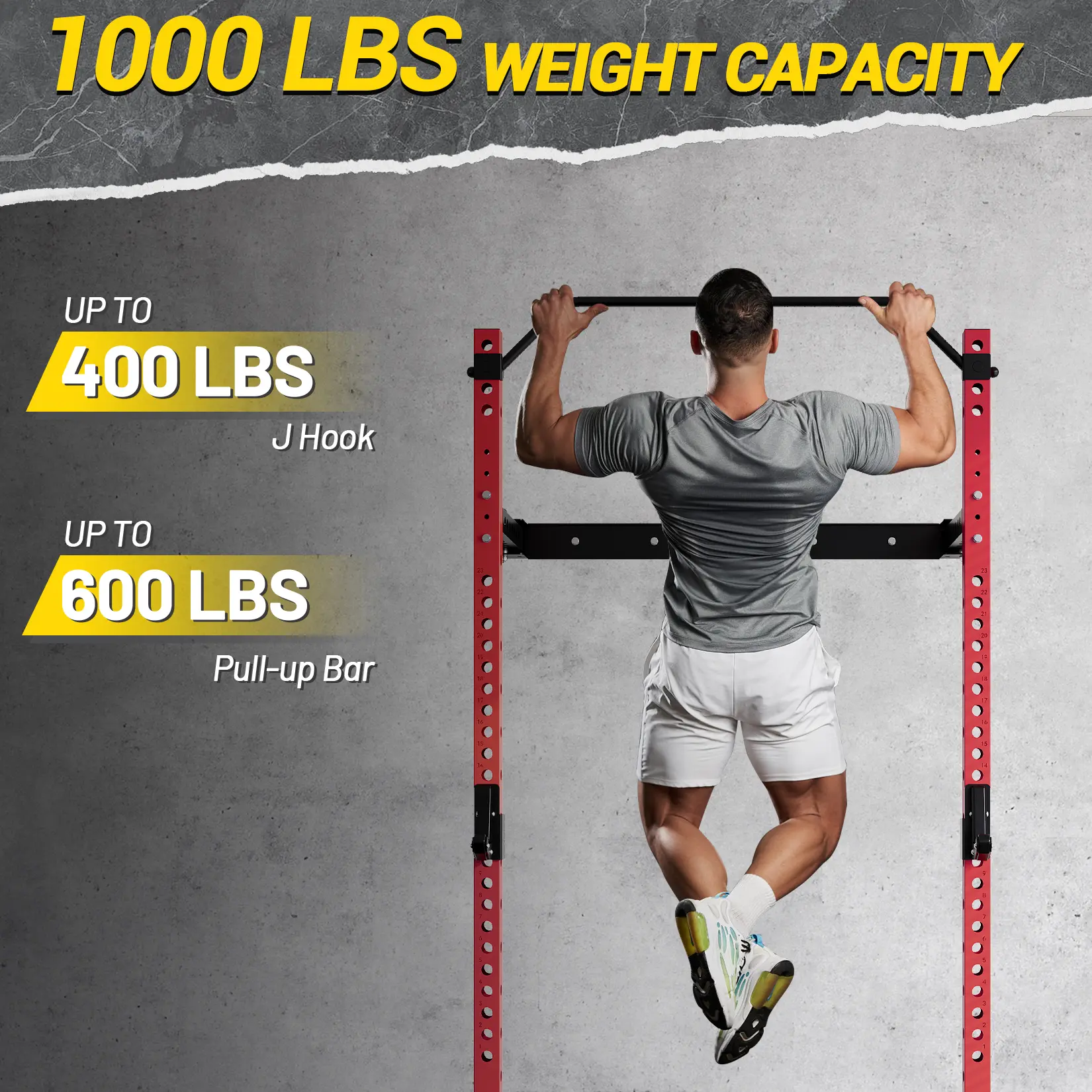 Foldable Wall-Mounted Squat Rack – 1000LBS Capacity Power Rack with Pull-Up Bar, J-Hooks, Landmine Attachment, Compact Folding Design for Garage & Home Gym
